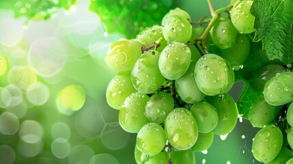 Aufkleber - A bunch of ripe, green grapes on the vine, glistening with morning dew