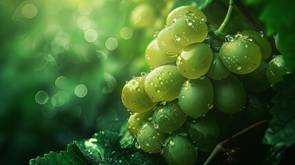 Aufkleber - A bunch of ripe, green grapes on the vine, glistening with morning dew
