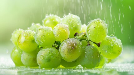 Aufkleber - A bunch of ripe, green grapes on the vine, glistening with morning dew