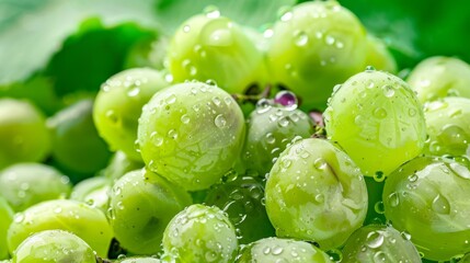 Aufkleber - A bunch of ripe, green grapes on the vine, glistening with morning dew