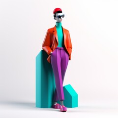 Stylish 3D character in vibrant outfit, showcasing modern fashion and unique design elements against a minimalist background.