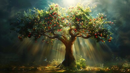 The Tree of Life in the Garden of Eden, with glowing fruit and a radiant light, symbolizing eternal life and purity