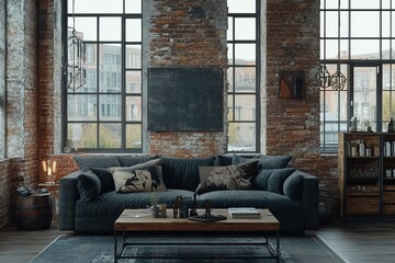 Poster - With a blank wall mockup, this is an industrial style loft interior.