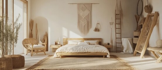 Wall Mural - A minimal scandinavian bedroom interior design scheme with natural materials decorative elements, beautiful design and decor, generated by AI