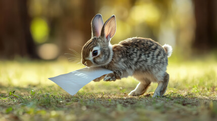 A rabbit is holding a piece of paper in its mouth