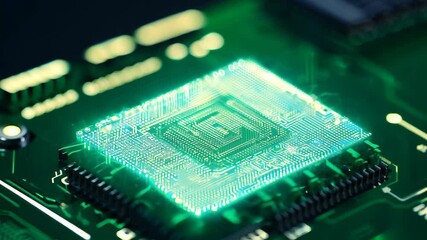 Poster - Close-up of a glowing microchip on a green circuit board during a tech demonstration