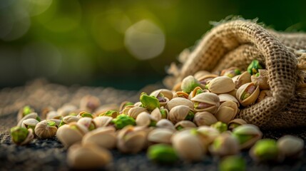 Wall Mural - A close-up of shelled pistachio nuts spilling out of a small burlap pouch, with a soft-focus background to accentuate the nuts.