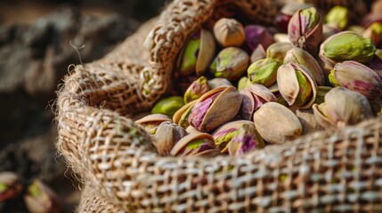 Poster - A close-up view of pistachio nuts in a burlap sack, with a focus on the nuts and their natural colors and textures.