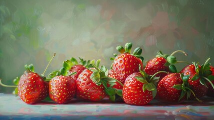 Poster - A close-up view of strawberries with their green tops and red flesh prominently displayed, on a subtle, unobtrusive background that highlights their natural beauty.