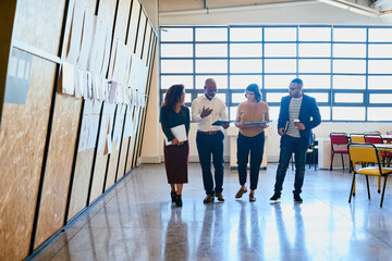 Poster - Business people, tablet and meeting in startup for teamwork, research and planning together. Walking, technology and creative agency with digital company project partnership in workplace for media