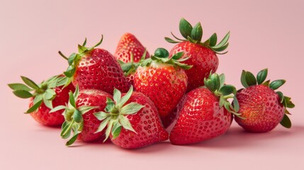 Aufkleber - A cluster of ripe strawberries with their green leaves and seeds visible, set against a pale pastel background that enhances their rich red color.