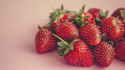 Aufkleber - A cluster of ripe strawberries with their green leaves and seeds visible, set against a pale pastel background that enhances their rich red color.
