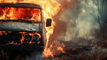 Wall Mural - A burning van engulfed in flames amidst a fiery landscape, showcasing a scene of destruction and chaos.