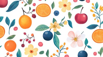 Wall Mural - A vibrant pattern featuring colorful fruits and flowers, showcasing oranges, cherries, apples, and blossoms on a white background.