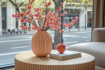 Wall Mural - Ceramic vase with blossom twigs on round wooden coffee table facing grey sofa. Minimalist home interior design of contemporary living room.