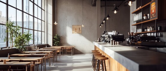 Fototapete - Restaurant or cafe interior design in a minimalist style with wooden elements.