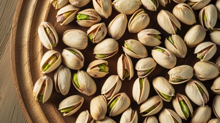 Poster - A detailed close-up of pistachio nuts arranged in a pattern on a wooden platter, emphasizing their green interior and beige shells.