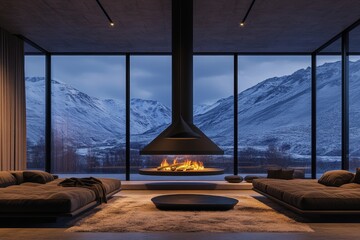 Wall Mural - A fireplace graces a modern living room equipped with a TV and a panoramic view, embodying the loft minimalist style of a minimalist home interior design