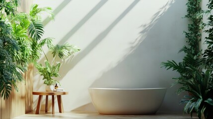 Wall Mural - Bathroom with white tub, chic vanity, black walls, parquet floor, plants, wooden paneling, natural lighting.