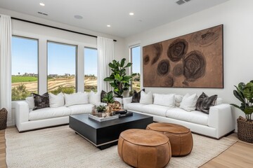 Poster - White corner sofa with wicker and fabric pouf in minimalist interior design.