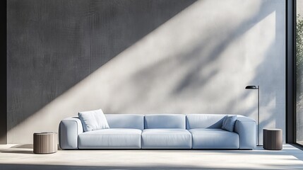Poster - Vintage loft interior, blue sofa on white flooring, blue wall, 3D rendering