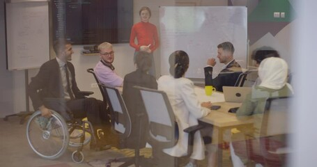 Wall Mural - A pregnant business woman with orange hair confidently presents her business plan to colleagues in a modern glass office, embodying entrepreneurship and innovation