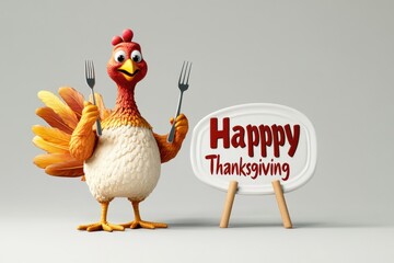 3D turkey holding fork and knife beside Happy Thanksgiving sign.