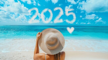 A joyful girl is celebrating on a tropical beach with a vibrant sign for the year 2025