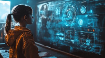 Aufkleber - A girl is looking at a computer monitor with a blue screen