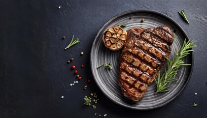 Juicy grilled beef steak is served on a plate with garlic and rosemary