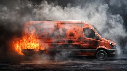 Wall Mural - A dramatic shot of a burnt orange van engulfed in flames and smoke, creating a tense and intense atmosphere.