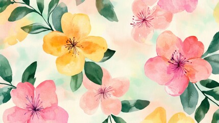 Wall Mural - A vibrant watercolor illustration featuring yellow and pink flowers, surrounded by lush green leaves, creating a cheerful and serene atmosphere.