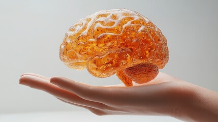 Poster - 3D illustration of a hand gently holding a human brain with a futuristic design, highlighting themes of intelligence and mind science, against a white background.