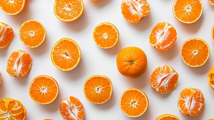 Poster - A flat lay of tangerines and tangerine halves on a simple background, capturing the bright and appealing color of the fruit.