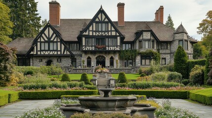 Wall Mural - A Luxurious Tudor Mansion with a Lush Garden and a Fountain