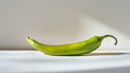 Poster - A fresh green chili pepper laying horizontally on a white surface