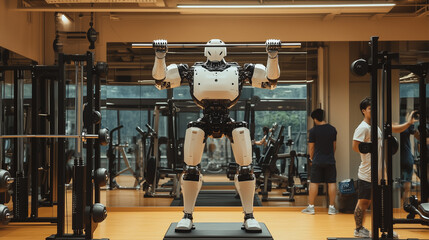 A robot is lifting a barbell in a gym. The robot is white and has a black helmet. There are several other people in the gym, some of whom are also lifting weights