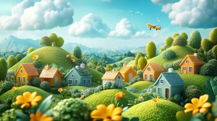 A bright 3D cartoon landscape with houses, green hills, flowers, and a plane flying overhead. Bold shapes and fresh green tones create an inviting scene