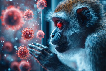 Monkeypox virus floating near a monkey, concept of monkeypox infection