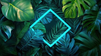 A vibrant display of lush green tropical leaves with a glowing neon diamond shape in the center, creating a modern and refreshing atmosphere.