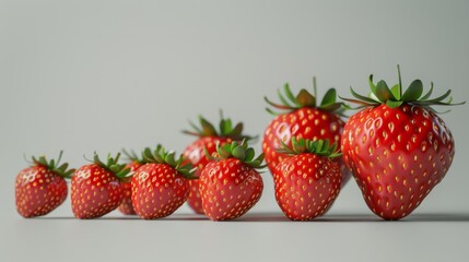 Wall Mural - A group of strawberries with varying sizes and angles, showing their juicy flesh and glossy surface, against a simple, neutral background that makes the berries stand out.