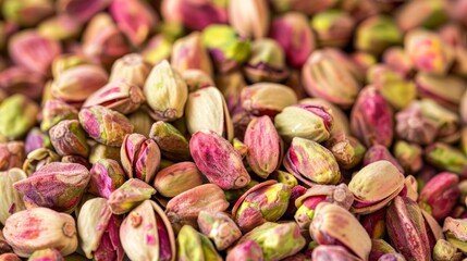 Wall Mural - A macro image of pistachio nuts showing their unique texture and color, placed on a white background for contrast.