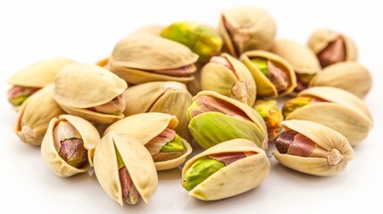 Poster - A macro image of pistachio nuts showing their unique texture and color, placed on a white background for contrast.