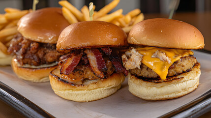 Three sliders with cheese and bacon, pulled pork and a crab cake served on buns, with a side of fries.