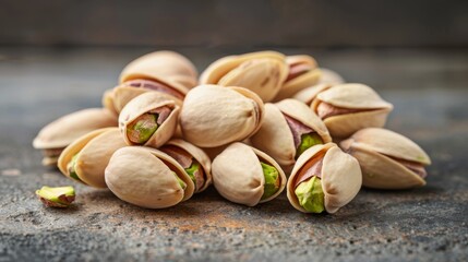 Poster - A pile of whole pistachio nuts in their shells, with some cracked open, arranged neatly on a rustic table.