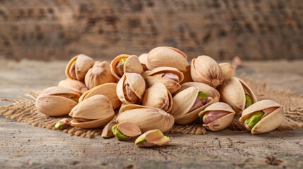 Poster - A pile of whole pistachio nuts in their shells, with some cracked open, arranged neatly on a rustic table.
