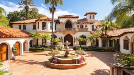 Mediterranean Mansion with a Courtyard Fountain