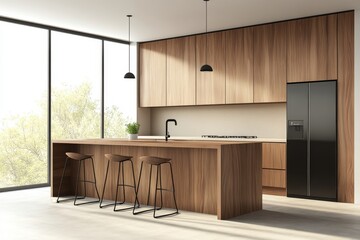 A cozy kitchen interior with a bar island and cooking space, as well as a panoramic window