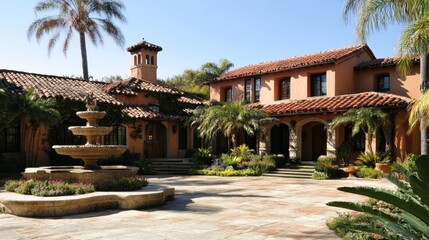 Wall Mural - Mediterranean Villa Exterior with Fountain