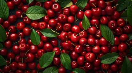 Aufkleber - A rich background filled with a dense layer of cherries, emphasizing their juicy, red color and contrasting green leaves